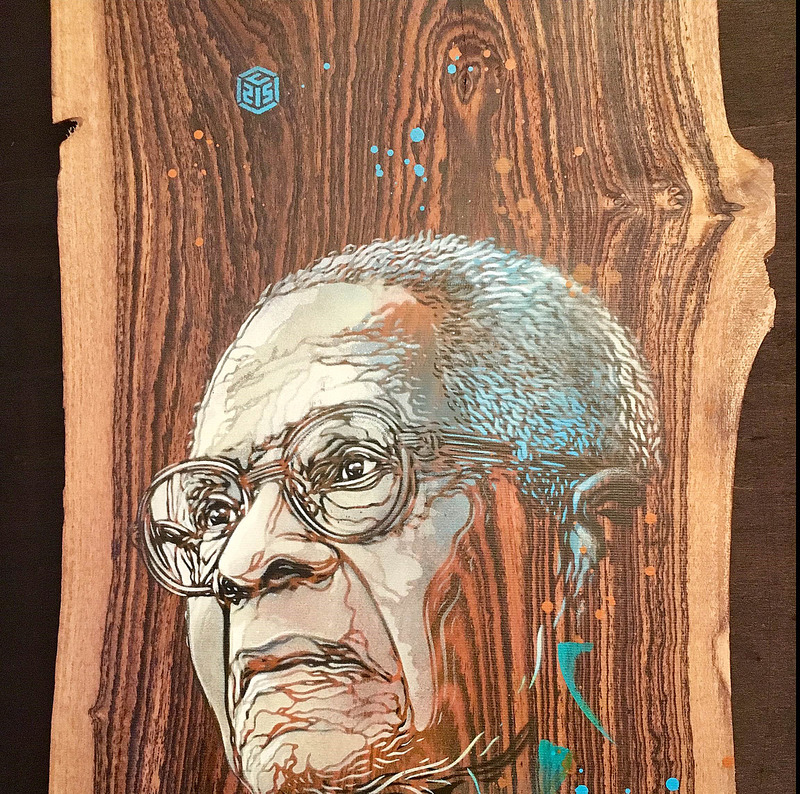 Portrait du poète Aimé Césaire, sur une loupe d'olivier